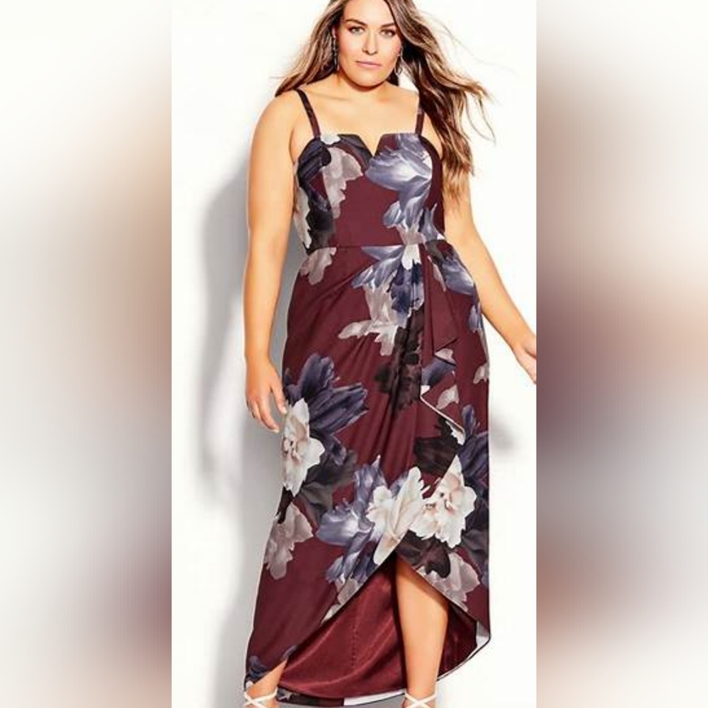 City Chic Floral Maxi Dress - Burgundy and Blue